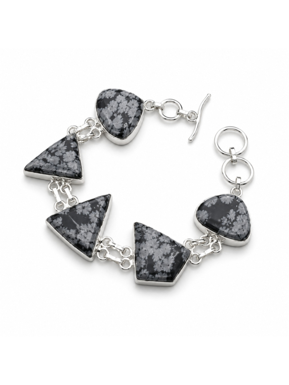 Snowflake Obsidian Triangle Stone Bracelet 925 Silver Plated NWT